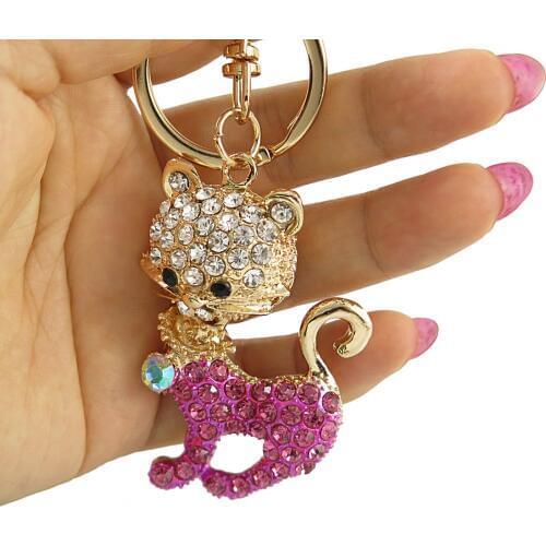 Zinc Alloy Cute Cat Rhinestone Keychain Luxury Ladies Car Key Chain Ring Holder Charm Women Bag Pendant Keyfobs Jewelry