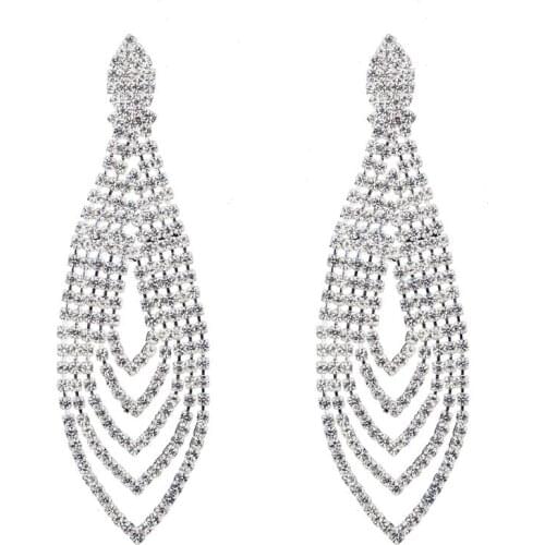 Chran Elegant Silver Plated Chandelier Dangle Long Earrings for Women Fashion Sparkling Rhinestone Wedding Earrings Jewelry