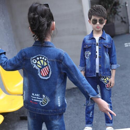 2019 new fashion kids denim clothing set fun cartoon foot print boys jeans suit autumn girls 2 pieces jean body suit