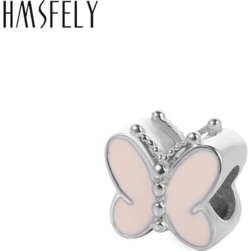 HMSFELY European Pink Enamel Butterfly Beads For DIY Bracelet Jewelry making Accessories 316l Stainless Steel Big Hole Beads