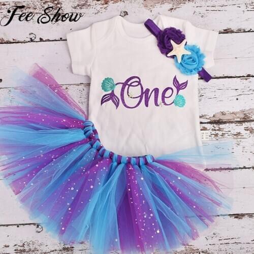 Toddler Girls Mermaid 1st Birthday Outfit Tutu Sets Kids Romper Flower Headband Tulle Mesh Party Skirts Infant Baby Girl Clothes