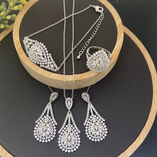Lanyika Fashion Jewelry Set Fortunate Flower Micro pave Necklace with Earrings, Bracelet and Ring for Woman Banquet Party Gifts
