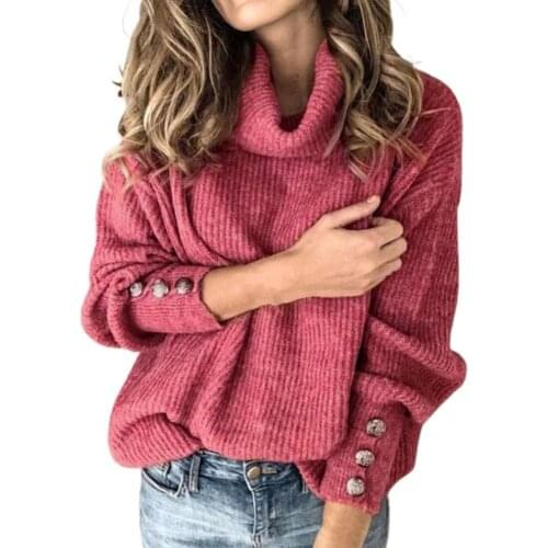 2021 New Winter Women Sweaters Long Sleeve Knitted Sweater Autumn Winter Turtleneck Buttons Cuff Women Pullover Sweater