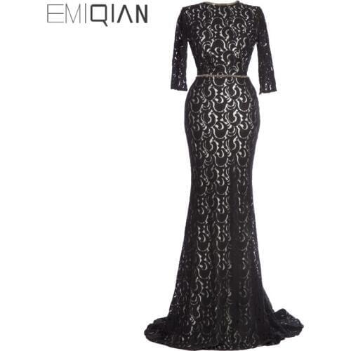 New Black Lace Mermaid Evening Dresses Half Sleeve O neck Evening Gown