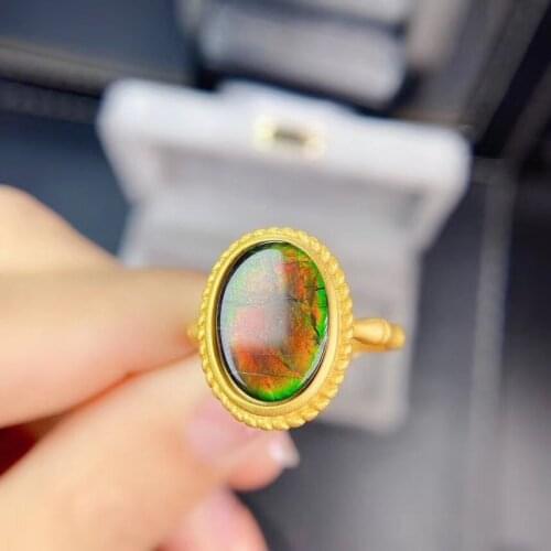 New Style Luxury100% Natural and real Ammolite ring 925 sterling silver Fine gem Ammonite Ring