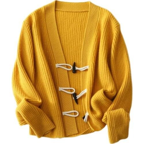 New Style Cashmere Sweater V-neck Long-Sleeved Loose Knit Cardigan Pure Cashmere Jacket Solid Single Breasted Button