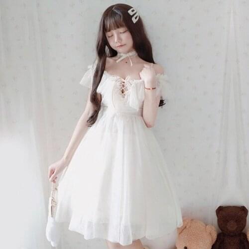 Sexy Sweet Lolita Dress Thin Women Low Chest Off Shoulder V-neck Bandage Victorian Dress Kawaii Girl Princess Tea Party Loli Cos