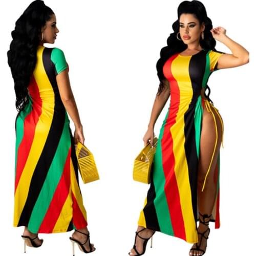 Multicolor Fashion Sexy Striped Print Bandage Crystal O Neck Short Sleeve Dress