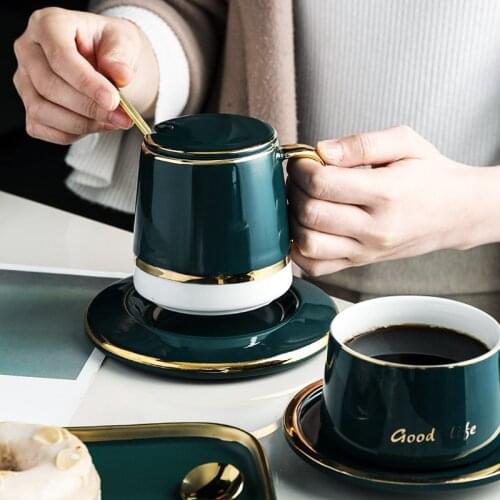 Luxury Ceramic Coffee Cup And Saucer Milk Dringking Mug Tea Cup Set With Stainless Steel Spoon Birthday Gift Restaurant Supplier