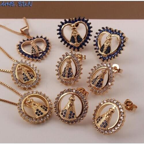 MHS.SUN Women Cubic Zircon Jewelry Set Heart Chain Necklace With Religion Mary Pendant Fashion AAA CZ Stud Earrings For Party
