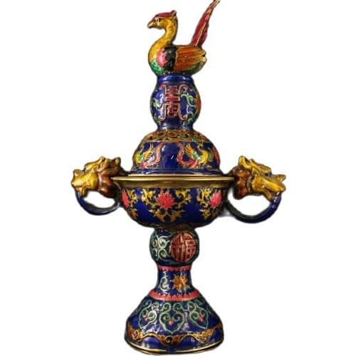 Tibet Nepal Old Cloisonne Copper Bead Enamel Painted Phoenix Incense Furnace