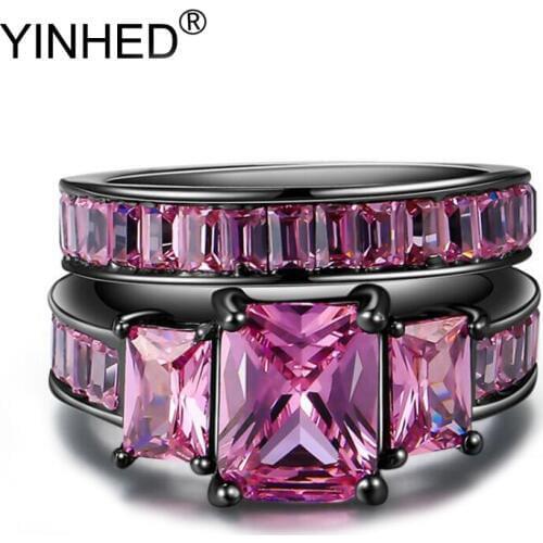 YINHED Luxury Pink Cubic Zircon Couple Rings Set Black Gold Filled CZ Fashion Wedding Alliance Jewelry Gift For Women Men ZR631