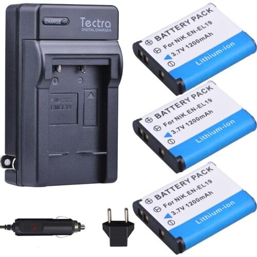Tectra 3PCS ENEL19 EN-EL19 Bateria + Digital Charger for Nikon Coolpix S32 S33 S100 S2500 S2750 S3100 S3200 S3300 S3400 S3500