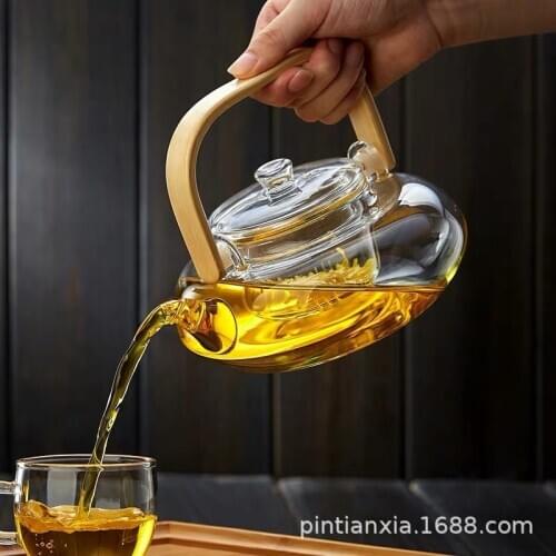 Bamboo-wood Glass Tea-making Teapot Hand-thickened Tea Pot with Filter Liner Flower Can Be Heated By Electric Pottery Oven F