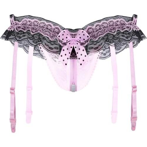 Women See-through Pearl Crotchless Erotic G-string Floral Lace Low Rise Ruffle Panties Bowknot Lingerie Thongs with Garters