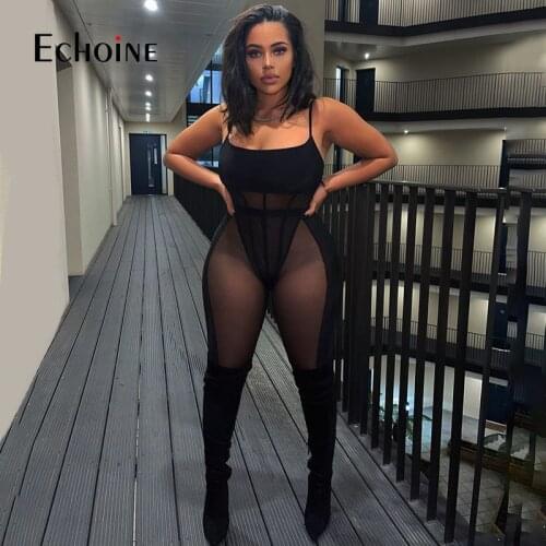 Echoine Summer Woman Sexy Sleeveless Mesh Strap Waistless Bodysuit See Through Bodycon Trousers Two Piece Nightclub Outfits