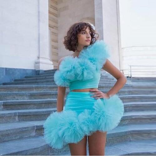 Chic Ruffled Mini Prom Gown Dresses Short Robe de soiree Girls One Shoulder Irregular Sky Blue Cocktail Party Dress Cheap Custom