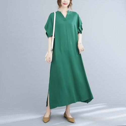 Johnature Summer New Casual V-neck Women Dresses 2021 Simple Ruffles Loose Solid Color Pockets Slits Female Dress
