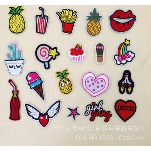 100pcs/lot Sew Embroidery Patches Letters Clothing Decoration Accessories Pineapple Rainbow Coconut Girl Love Heart Diy Applique