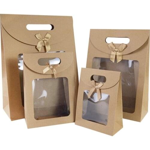 2pcs Kraft Paper Gift Bags With Window Wedding Birthday Gift Packaging Paper Box Carton Event Party Christmas Gift Package Boxes