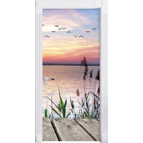 3D Door Sticker Bird Fly Around Lake Wall Sticker DIY Door Cover Kitchen Home Decoration Accessories Modern 3d Wall Stickers