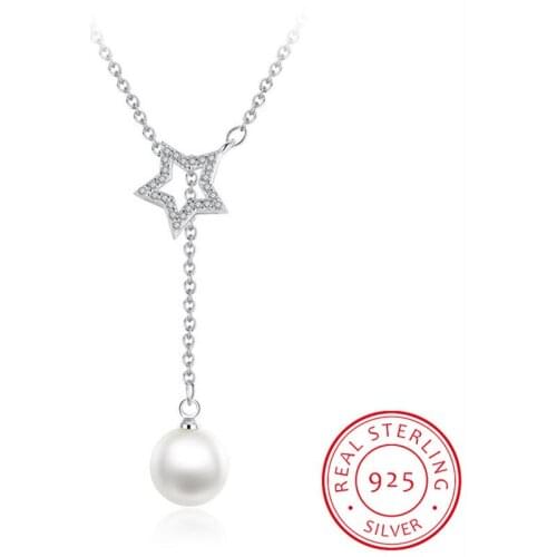 925 Sterling Silver Cross Crystal Star Real Pearl Pendant Chain Necklace For Women Choker Necklace Wedding Party Gift/jfklja
