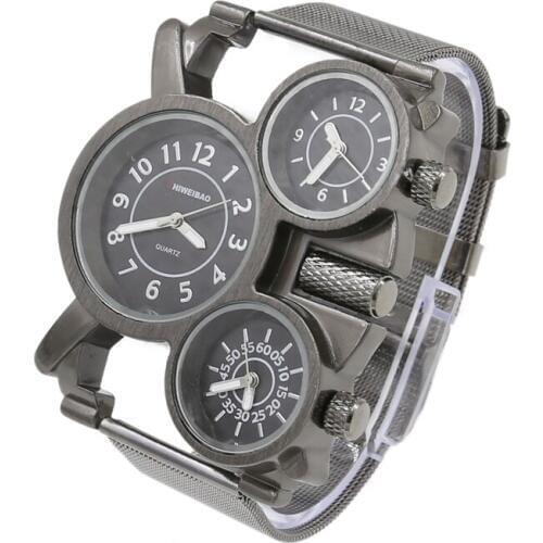 Creative Mens Watches Top Brand Luxury Black Steel Mesh Band Three Times Military Watch Men Unique Quartz Wrist Watch Man Hours