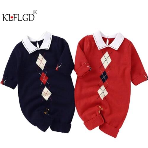 Babys one-piece Khaki creeping suit autumn and winter new solid color Lapel Plaid printed long sleeve one-piece suit