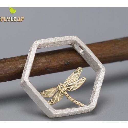 Flyleaf Geometric Gold Dragonfly Hollow Hexagon Pendants Real 925 Sterling Silver Fine Jewelry For Women Gift High Quality