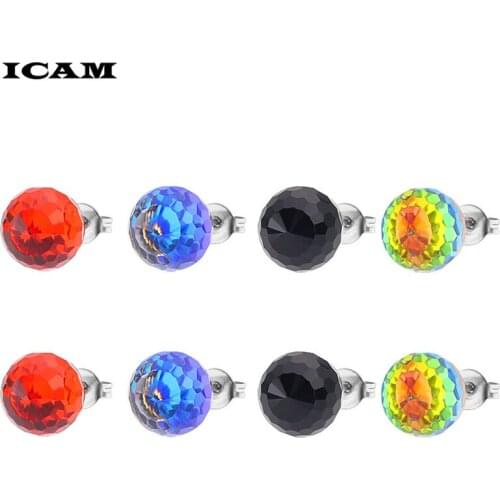 ICAM Red Blue Black Crystal Earrings For Women 8mm Micro Disco Ball Rhinestone Stud Earrings Fashion Stainless ewelry