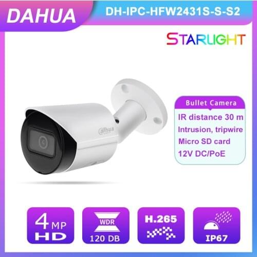 Dahua Starlight IPC-HFW2431S-S-S2 4MP UltraHD PoE IP Bullet Camera with Night Vision SD Card Slot IP67IVS Smart Motion Detection