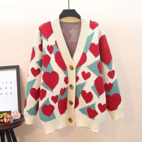Autumn Winter V-Neck Knitted Cardigans Women Single Breasted Printed Loose Sweaters Female Casual Cardigans Soft Knitwear
