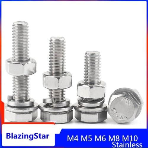 304 Stainless Steel Outer Hexagon Screw Nut Set Combination Bolt Large Flat Spring Washer M4 M5 M6 M8 M10 x 8mm L= 10mm - 35mm