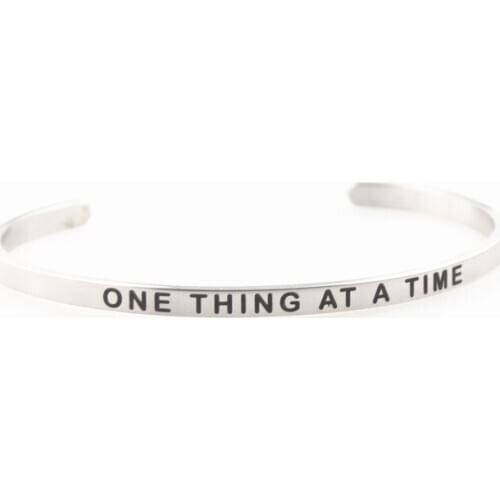 Hot ONE THING AT A TIME Stainless Steel Bangles Black Ink Laser Engraved Positive Initial Sayings Women Mantra Bracelet