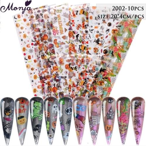 Monja 10 Pcs/Pack Halloween Christmas Styles Nail Art Sticker Mix Pattern Transfer Nail Foil DIY Decal Tips Manicure Decoration