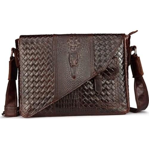 New Mens fashion Wax oil Genuine leather First layer Cowhide Crocodile pattern Business Briefcase Messenger Shoulder Bag