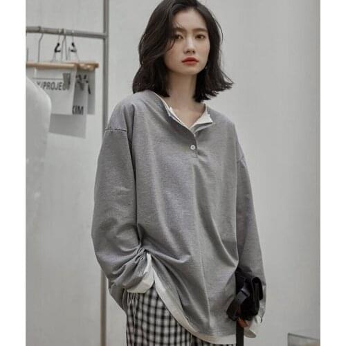 2021 New Spring Fake Two Pieces Tops Women Casual Long Sleeve Loose T-shirt Gray/Black Female Comfortable Basic Tees