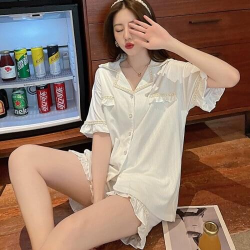 White Floral Women Pajamas Sets 2PCS Sexy Notched Gold Trim Pyjamas Sleep Suit Cotton Sleepwear Nightwear Summer Loose Home Wear