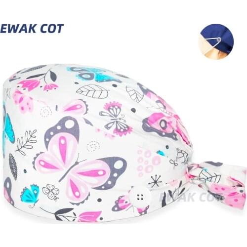 Butterfly printing Adjustable Cotton Work Scrub Cap Smile Teeth Print Bouffant Hat Head Scarf Pet Grooming Agency Scrubs Hats