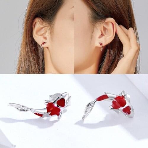 Lucky Koi Red Enamel Stud Earrings Fish Ear Studs Valentines Day Jewellery Gift for Women Girls