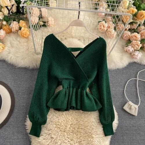 YuooMuoo Bling Bling Good Quality Thick Autumn Winter Elegant V-neck Ruffled Knitted Pullover Sweater Women Tops Shirt