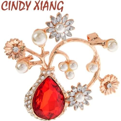 CINDY XIANG New Elegant Summer Hat Scarf Crystal Brooches Pin Womens Xmas Jewelry Colorful Rhinestone Flower Vase Brooch pin