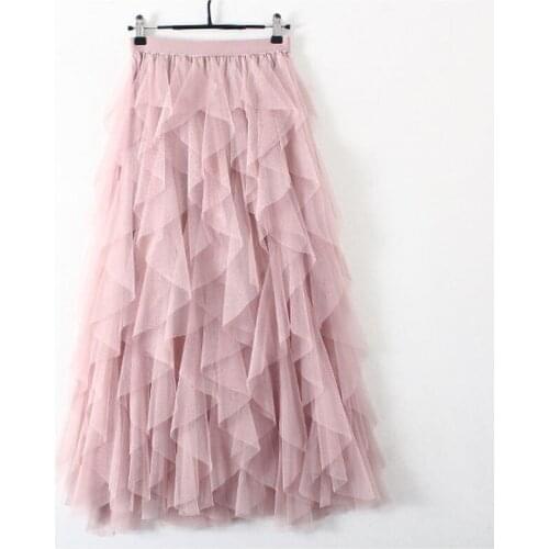Fashion Korean Pink Tutu Tulle Skirt Women Long Maxi Skirt 2021 Spring Summer Black Grey Beige High Waist Pleated Skirts Female