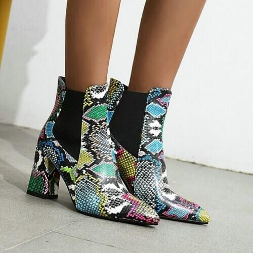 2020 PU Leather Snake Print Women Ankle Boots Fashion Pointed Toe Square Heel Women Short Boots Autumn Winter Women Shoes