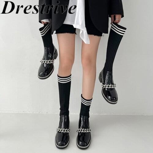 Drestrive Elastic Stocking Boots Women Ankle Round Toe Chain Patent Leather Thick Low Heels 2021 Fashion Winter Shoes