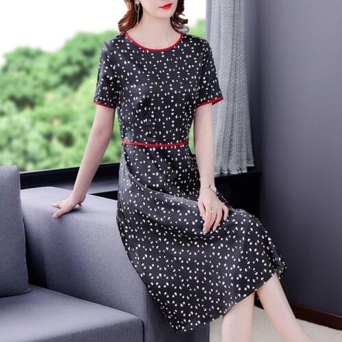 Vintage Satin Mulberry Silk Beach Midi Sundress 2021 4XL Plus Size Black Print Dress Summer Women Elegant Bodycon Party Vestidos