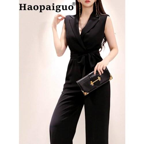 2019 Summer Women OL Office Work Black Sleeveless Wide Leg Jumpsuit Romper Clubwear Playsuit Rompers Womens Jumpsuit Plus Size