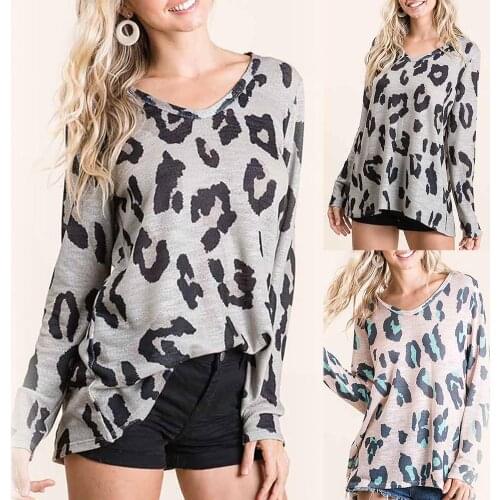 Autumn Pullover Women Long Sleeve T-Shirt V-neck Leopard Print Large Size Casual Top Tee Blouse