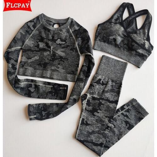 Womens 2 Piece Tracksuit Workout Outfits Seamless High Waist Leggings Long Sleeve Crop Top Sports Bra Yoga Activewear 3Pcs Set