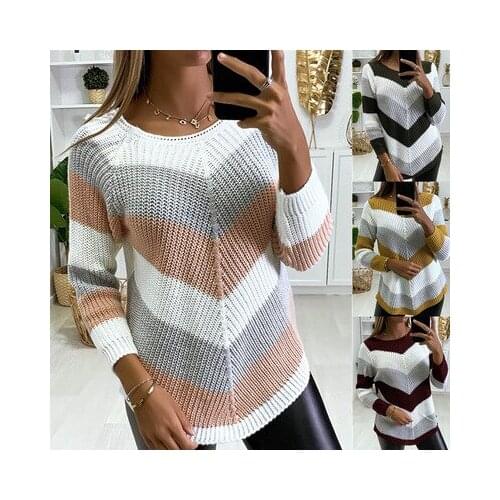 Women Casual Splicing Sweater Vintage Striped Loose Pullover Sweater Streetwear Autumn Knitted Jumper Femme Vetement Femme 2021